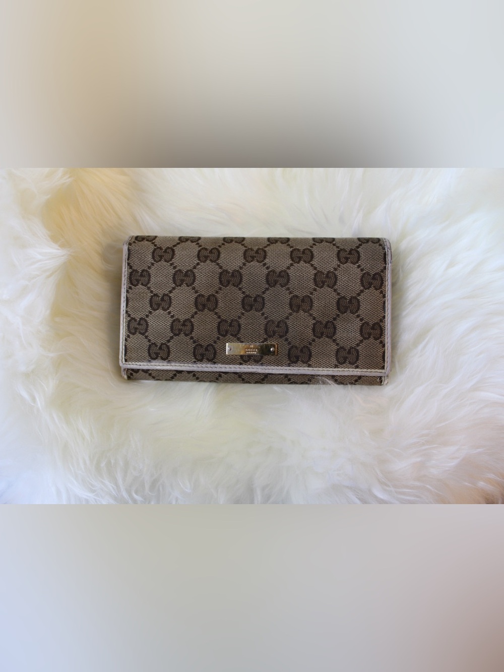 Gucci Beige GG Canvas Continental Wallet with Brown Logo